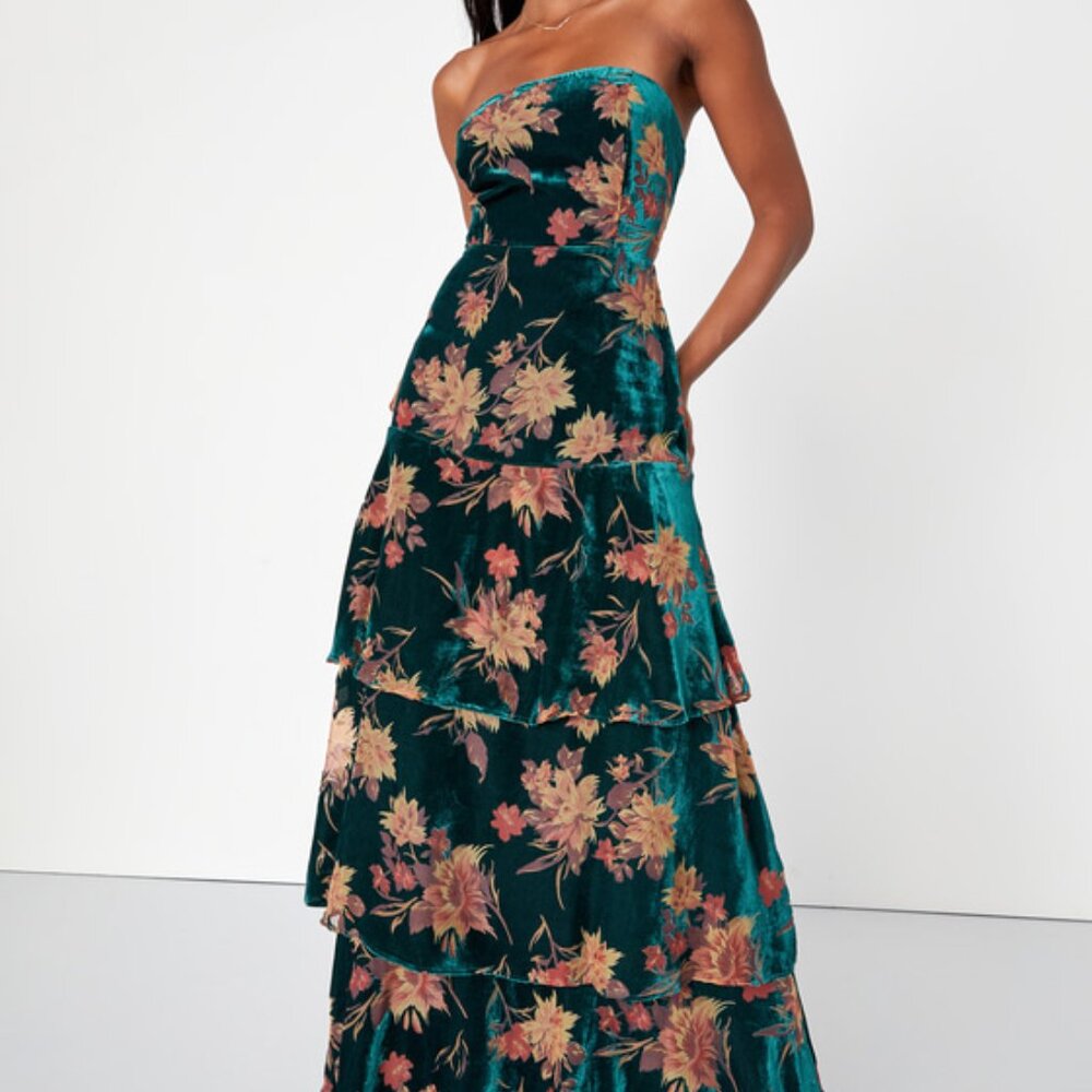 Lulu's Teal Floral Velvet Strapless Maxi Dress - Picture 2 of 16